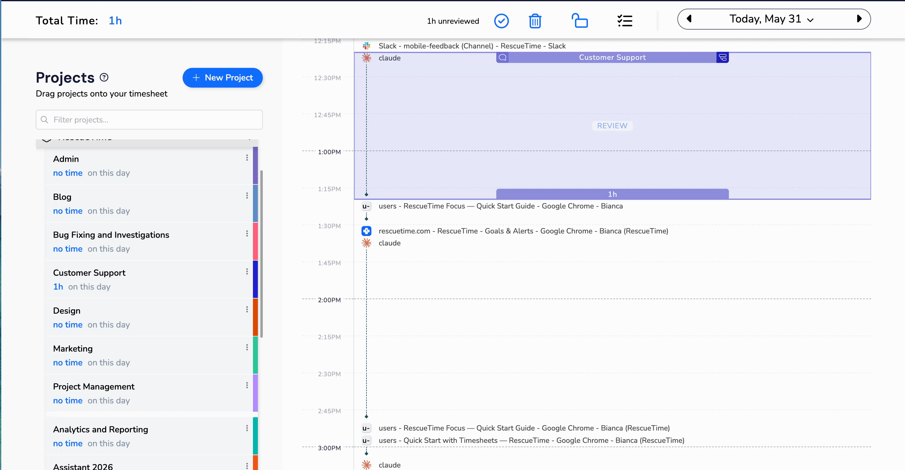 RescueTime Timesheets timeline view